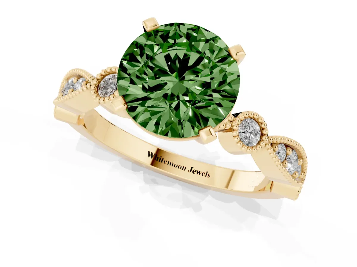 Fancy Green Round Cut Milgrain Bezel Diamond Engagement Ring with Solitaire Prong Setting Yellow gold