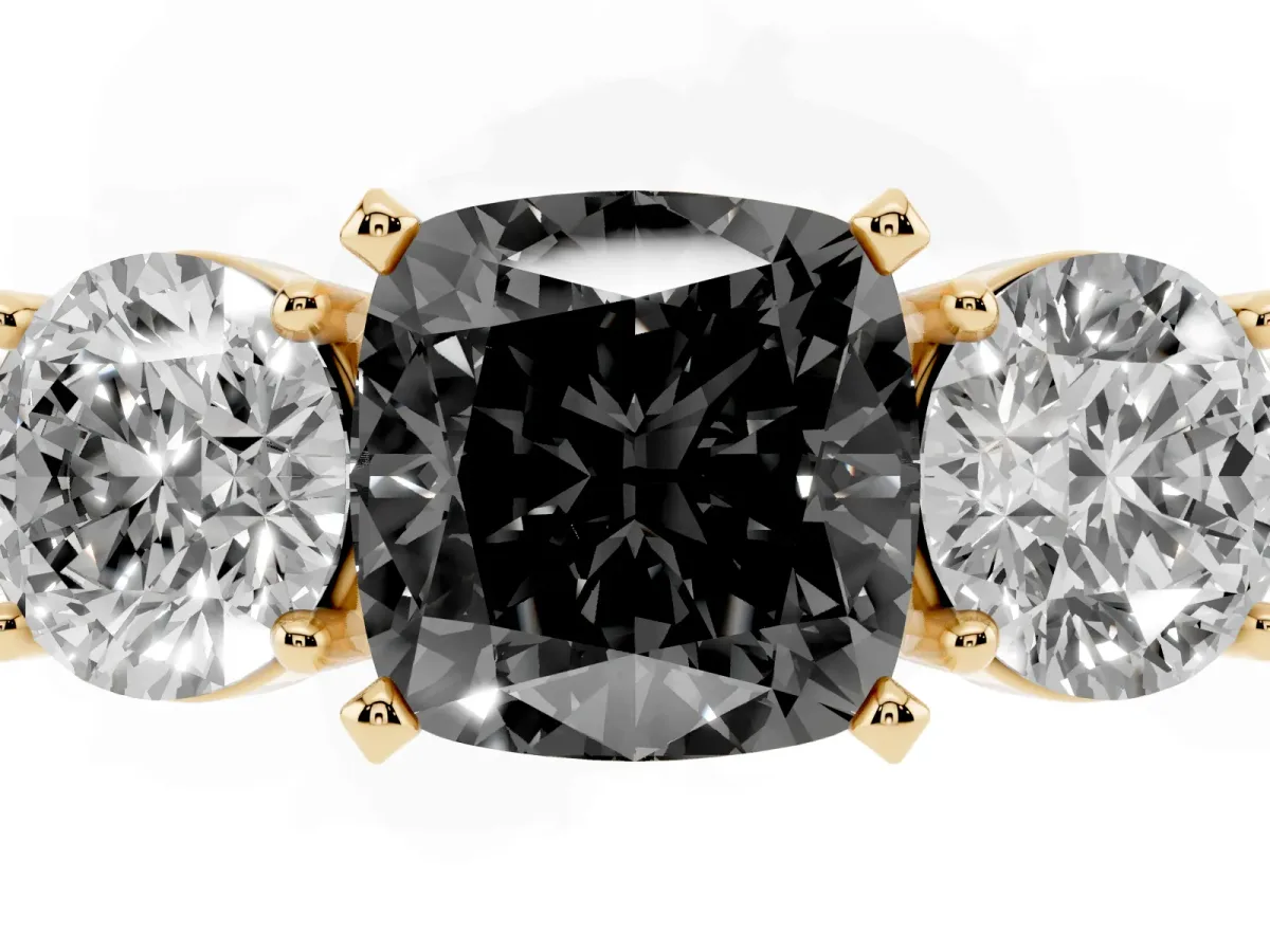 Fancy Black Three-Stone Cushion Cut Diamond Ring with Round Side Stones, Classic Band, and Four-Prong Setting Yellow gold