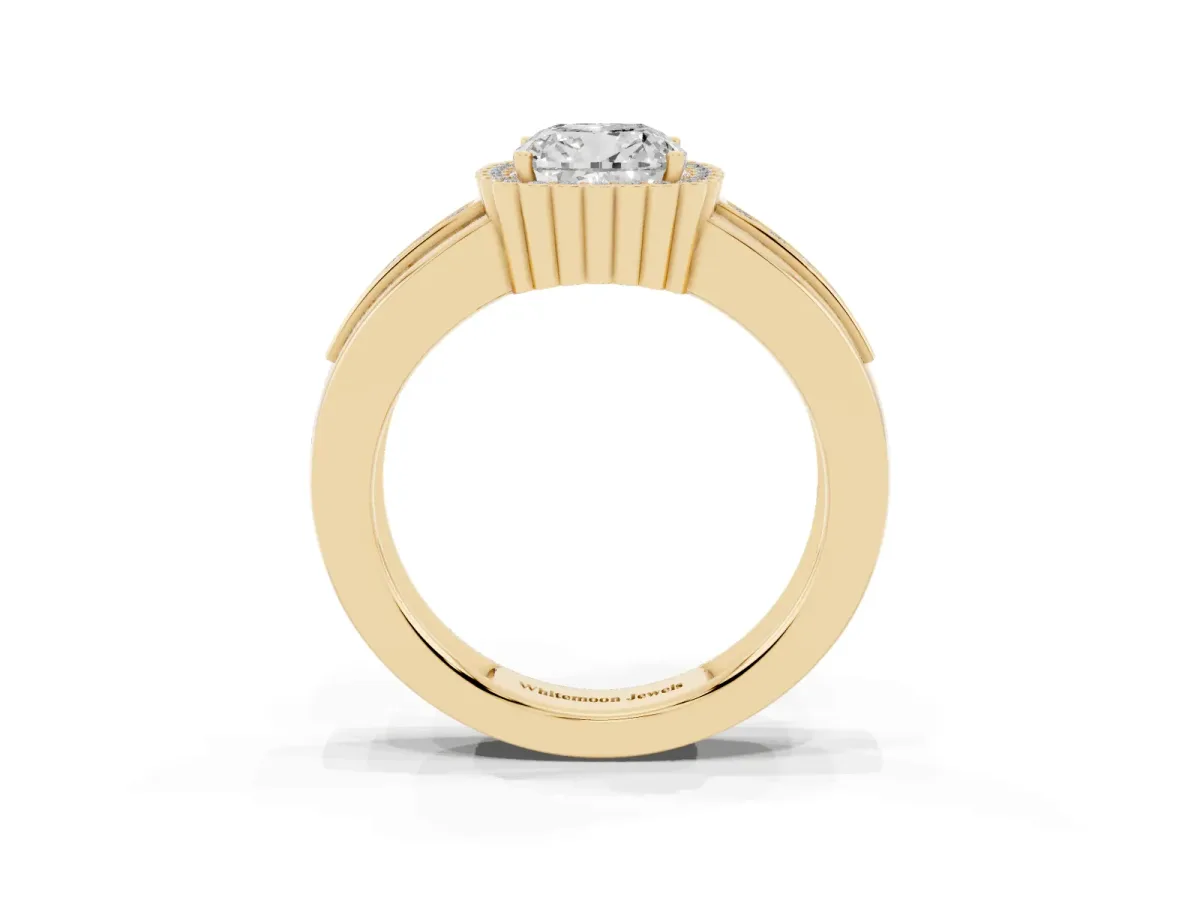 Cushion Cut Cut Halo Pave Band Four-Prong Ring Yellow gold