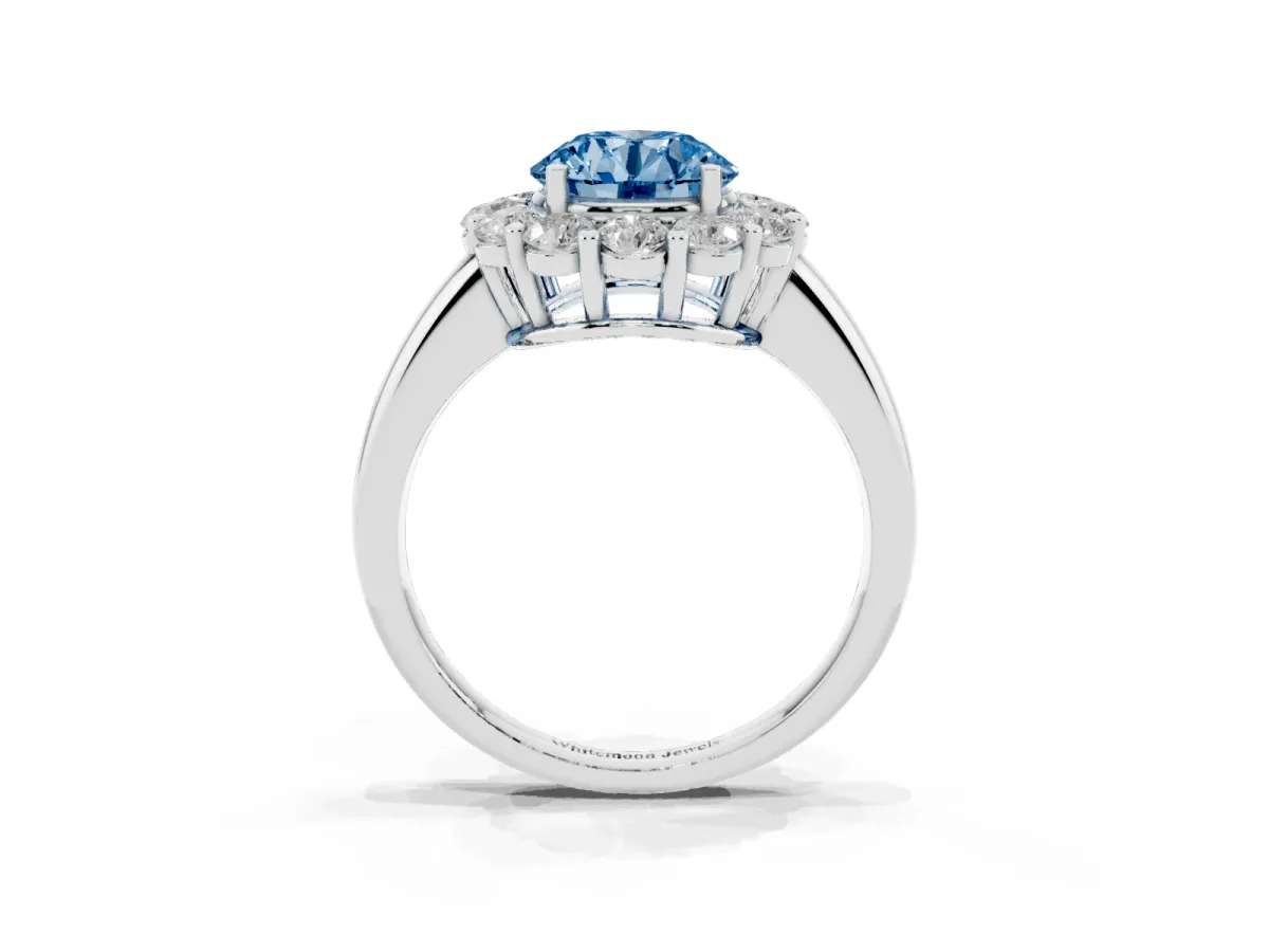 Fancy Blue Round Cut Halo Cluster Diamond Engagement Ring with Prong Setting and Polished Band Platinum
