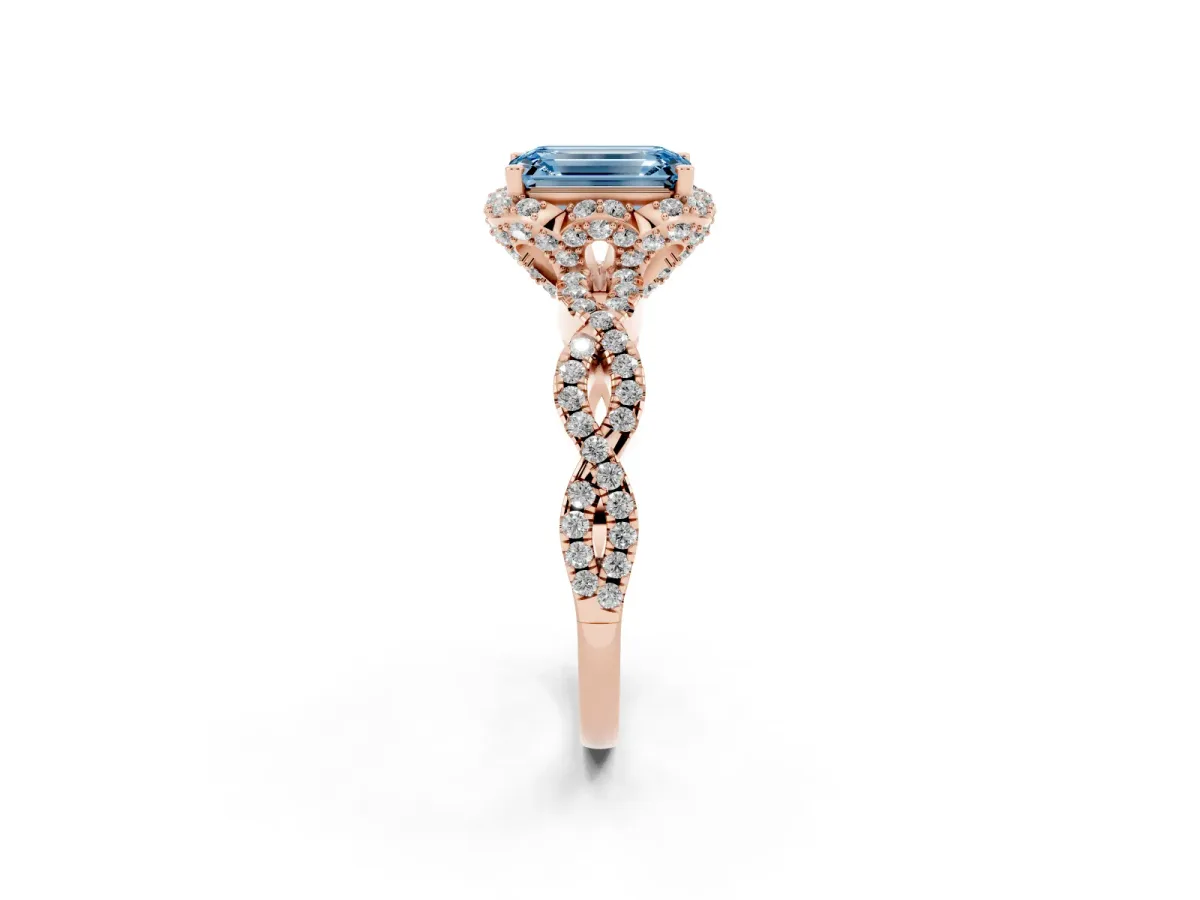 Fancy Blue Emerald Cut Halo Twist Band Solitaire Ring with Six-Prong Setting Rose gold