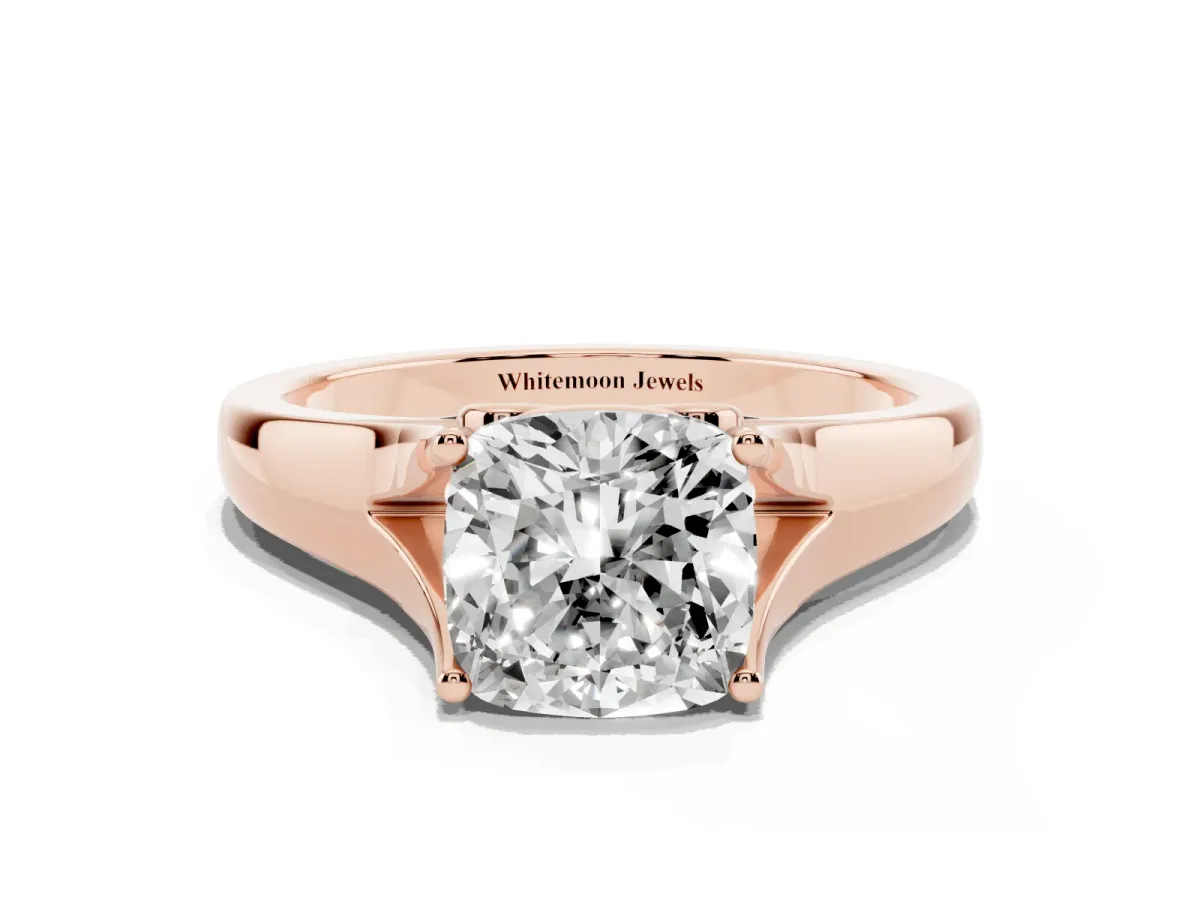 Cushion Cut Solitaire Diamond Ring with Cathedral Band and Four-Prong Setting Rose gold