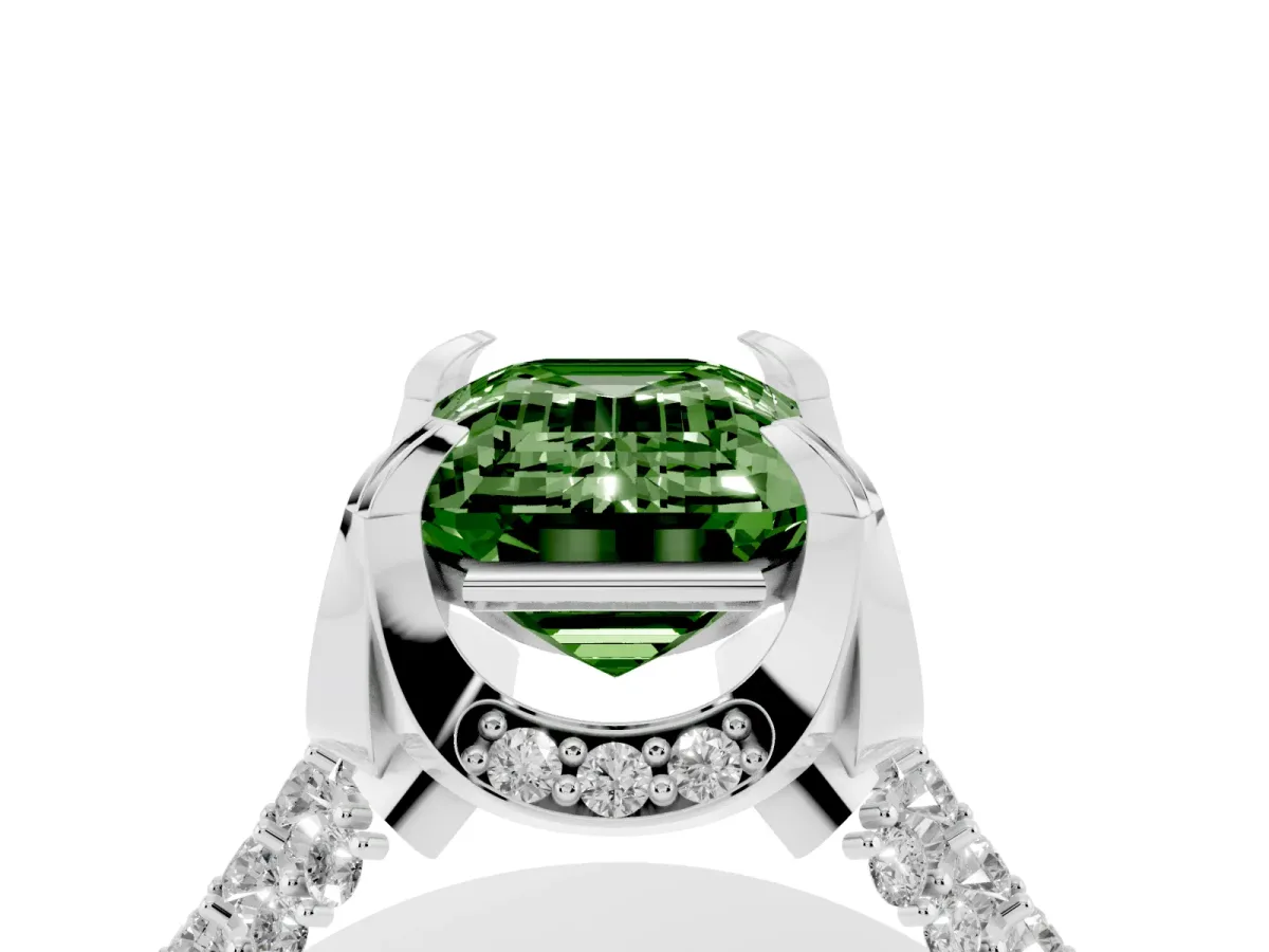 Fancy Green Emerald Cut Solitaire Pave Split Shank Ring with Four-Prong Setting Platinum