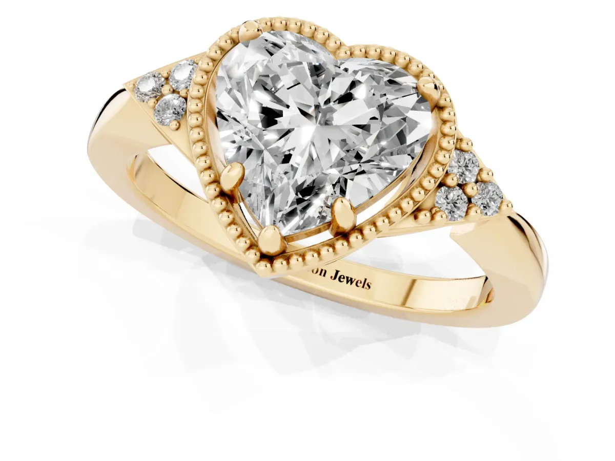 Hexagonal Halo Heart Cut Diamond Solitaire with Pavé Band and Four-Prong Setting Yellow gold