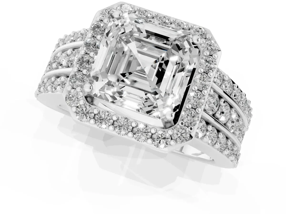 Asscher Cut Halo Diamond Ring with Round Split Shank and Prong Setting Silver