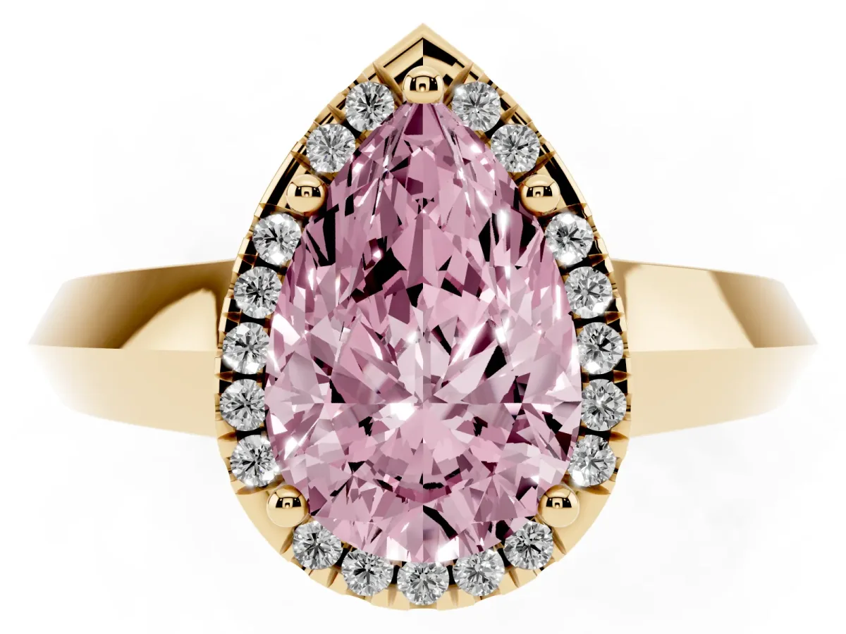 Fancy Pink Pear Cut Halo Diamond Ring with Cathedral Band and Four-Prong Setting Yellow gold