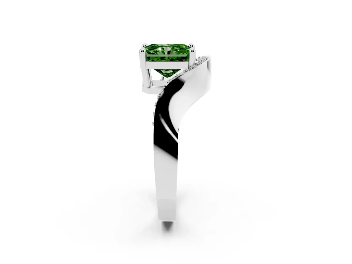 Fancy Green Radiant Cut Solitaire Diamond Engagement Ring with Pave Band and Four-Prong Setting Platinum