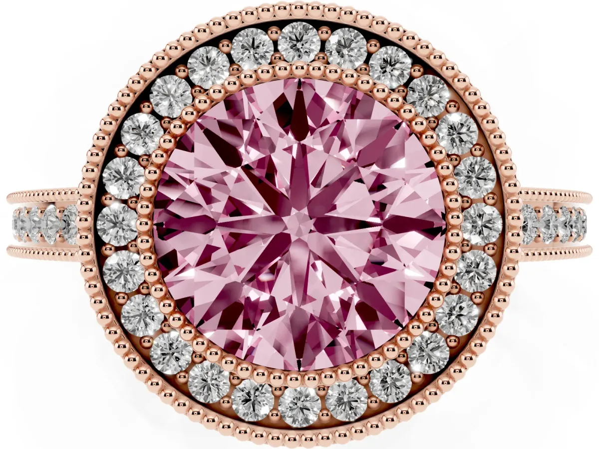 Fancy Pink Round Cut Cut Halo Diamond Ring with Pavé Band and Milgrain Prong Setting Rose gold