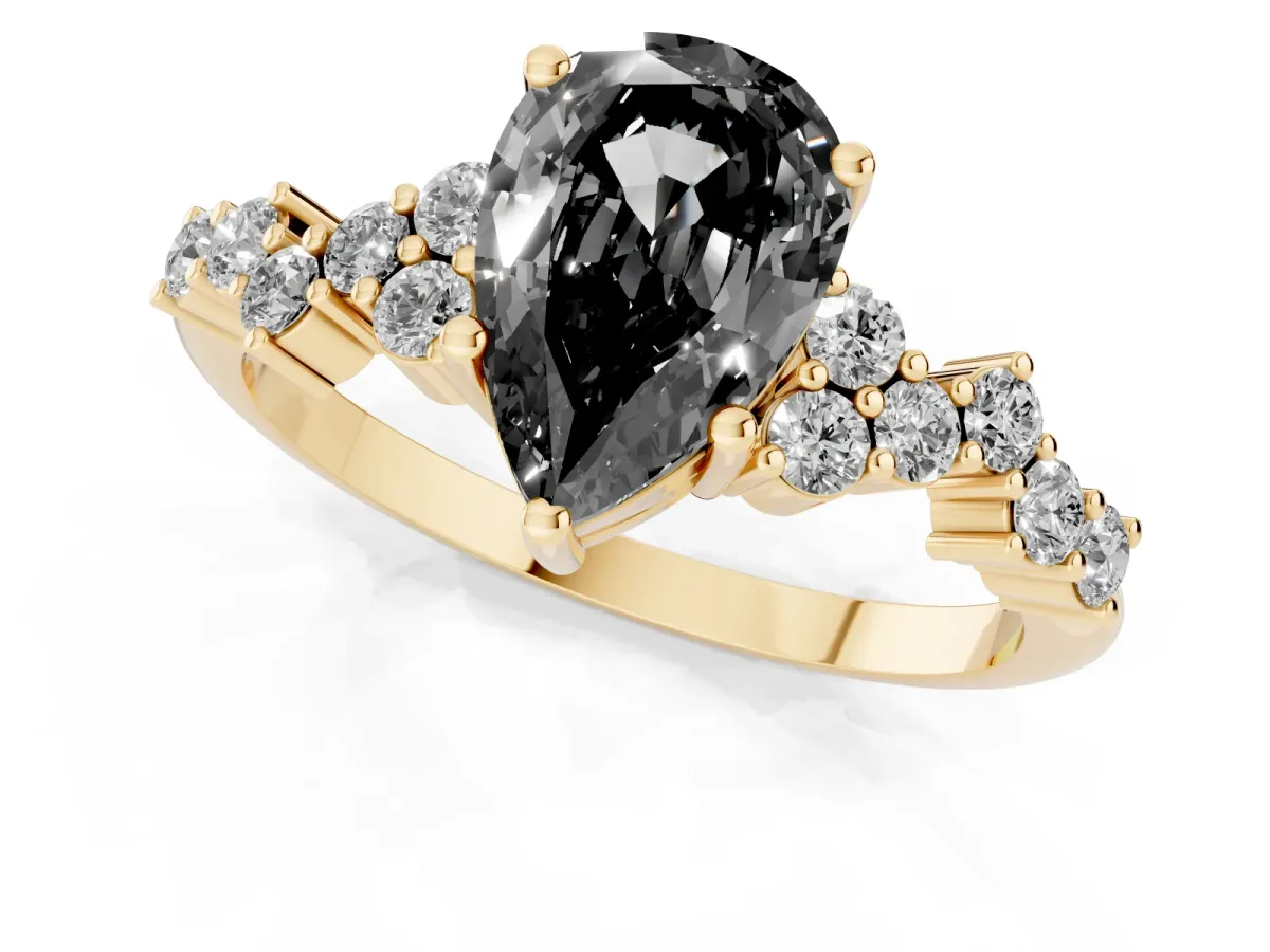 Fancy Black Pear Cut Diamond Scattered Round Accent Ring with Prong Setting Yellow gold