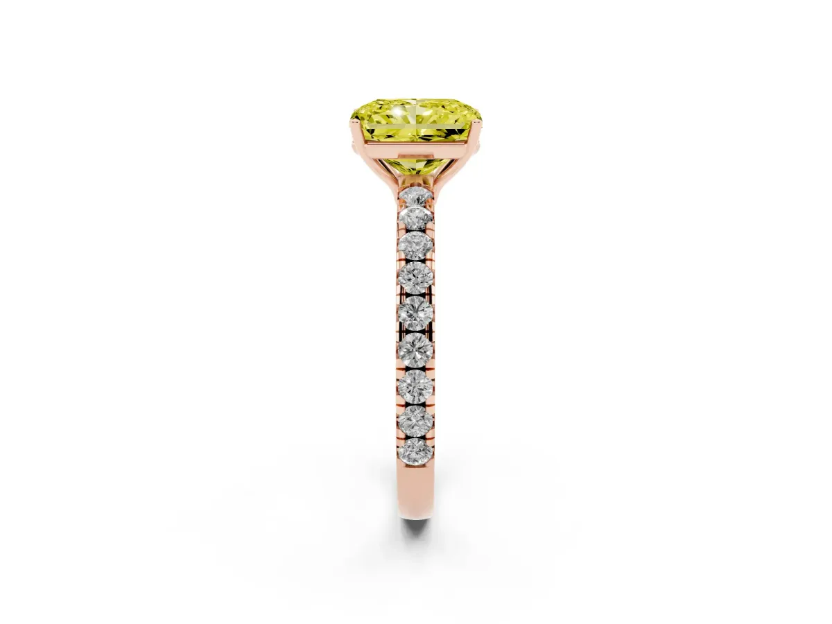 Fancy Yellow Radiant Cut Diamond Pavé Solitaire Engagement Ring with Four-Prong Setting Rose gold