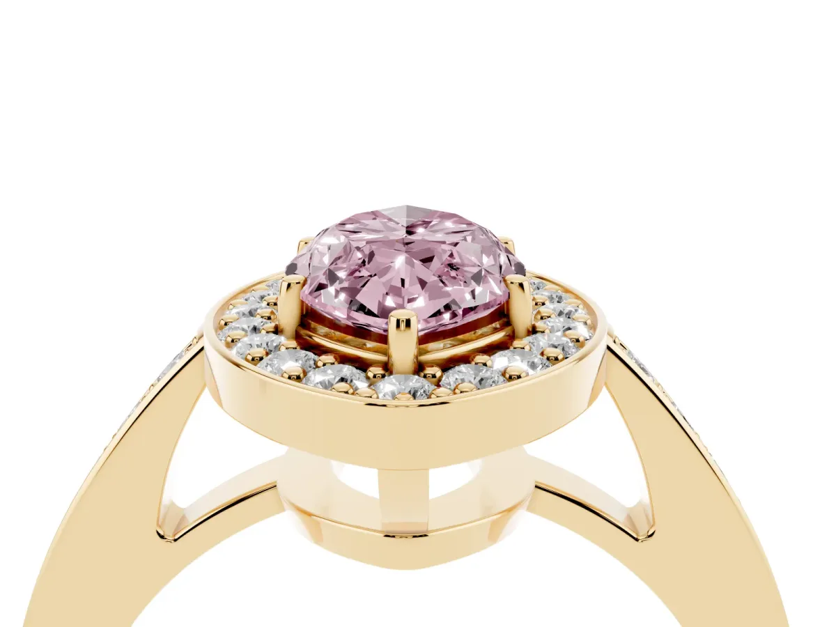 Fancy Pink Marquise Cut Halo Pavé Diamond Engagement Ring with Bezel Setting Yellow gold