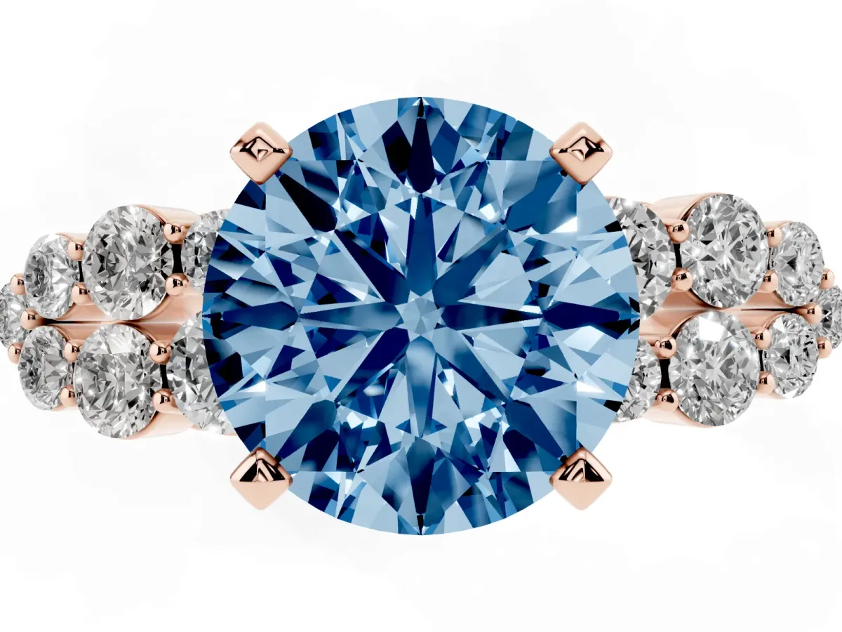 Fancy Blue Round Cut Cluster Diamond Engagement Ring with Pavé Band and Four-Prong Setting Rose gold