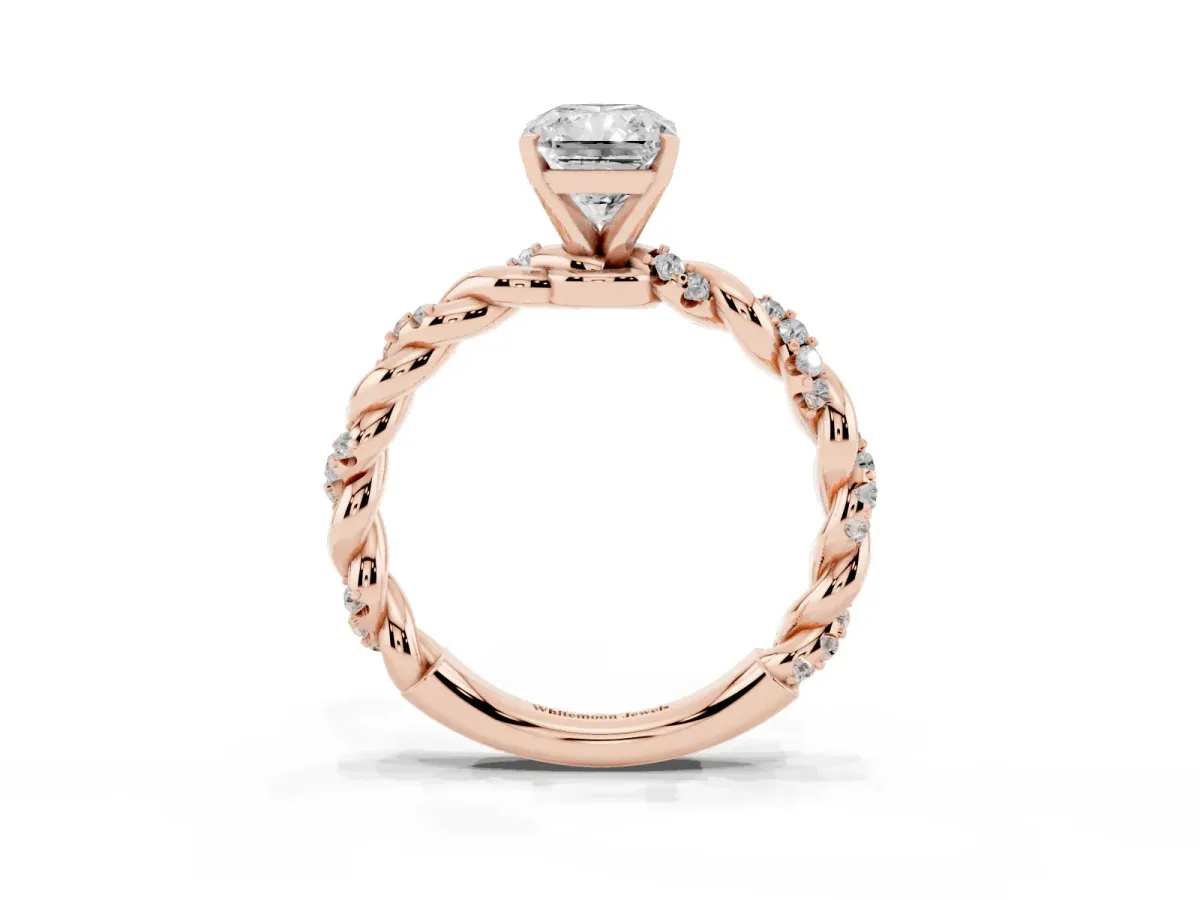 Radiant Cut Diamond Solitaire Ring with Twisted Band and Pavé Accents Rose gold