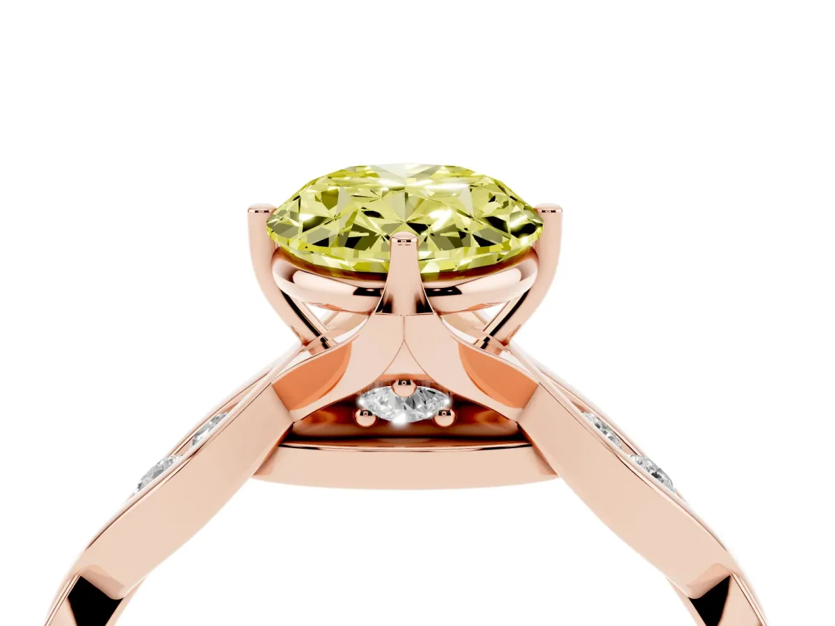 Fancy Yellow Oval Cut Solitaire Twist Band with Leaf Prong Setting Rose gold
