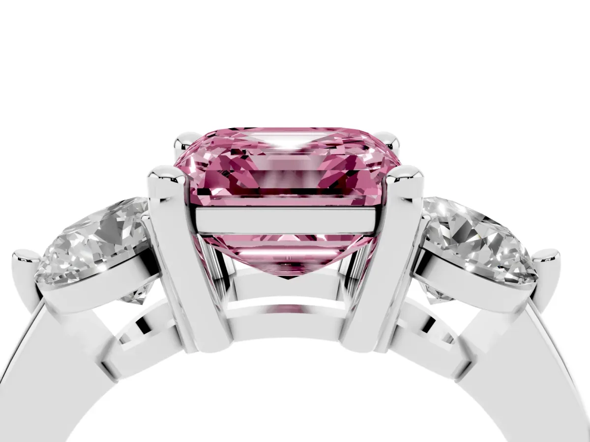 Fancy Pink Three-Stone Asscher Cut Brilliant Cut Solitaire Ring with Prong Setting on a Classic Band Platinum