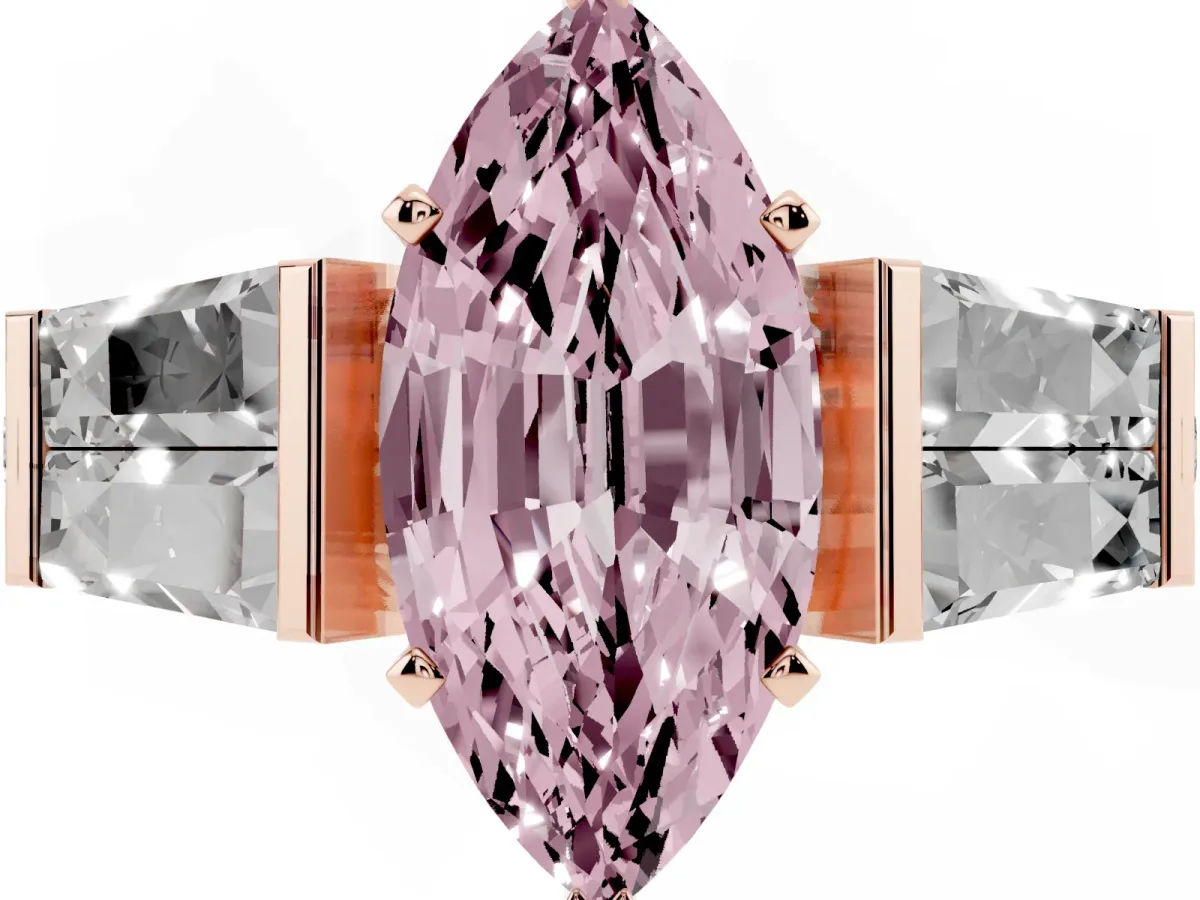 Fancy Pink Marquise Cut Diamond Engagement Ring with Baguette Side Stones and Channel Set Band Rose gold