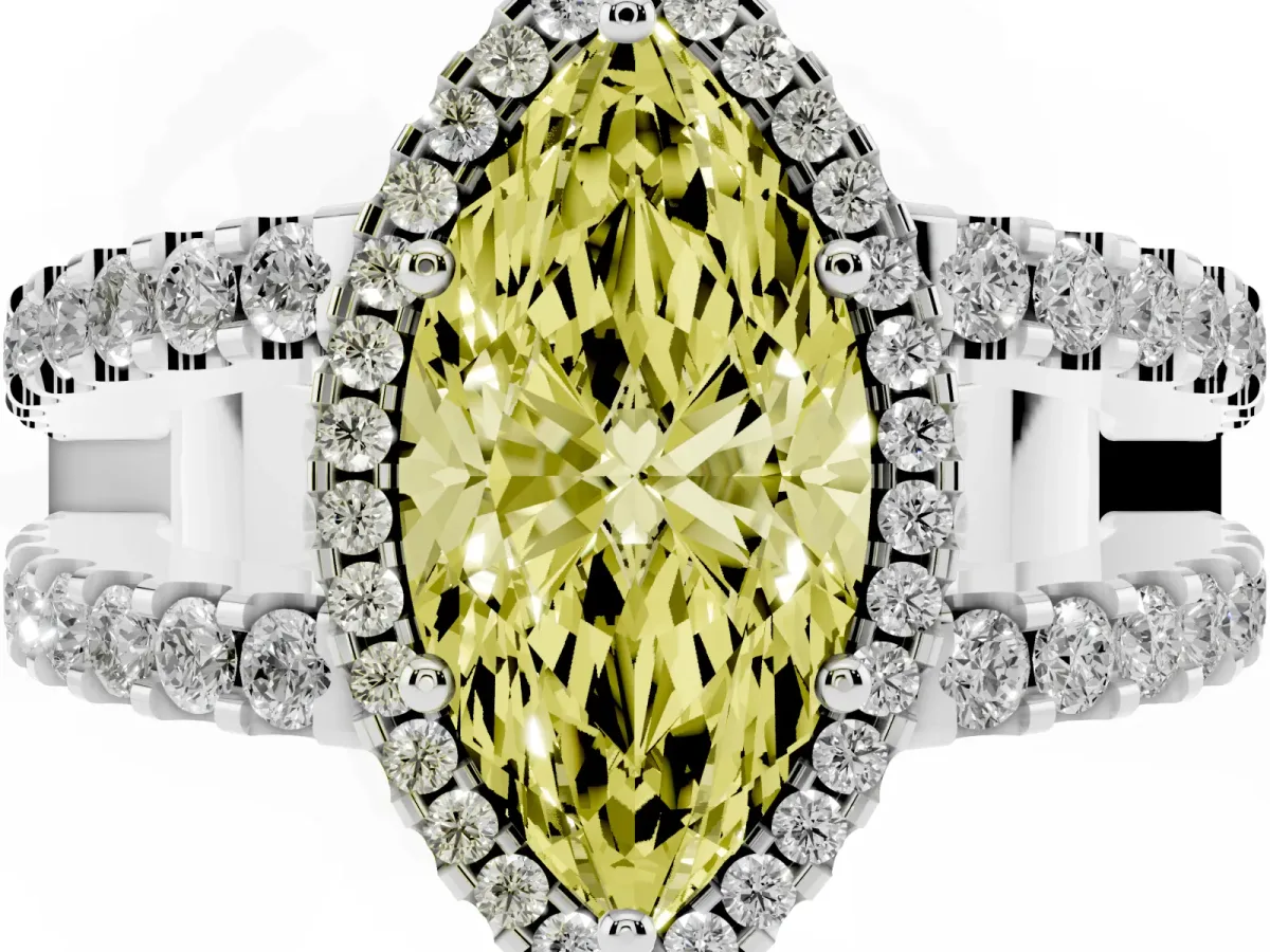 Fancy Yellow Marquise Cut Cut Halo Split Shank Diamond Ring with Four-Prong Setting Platinum