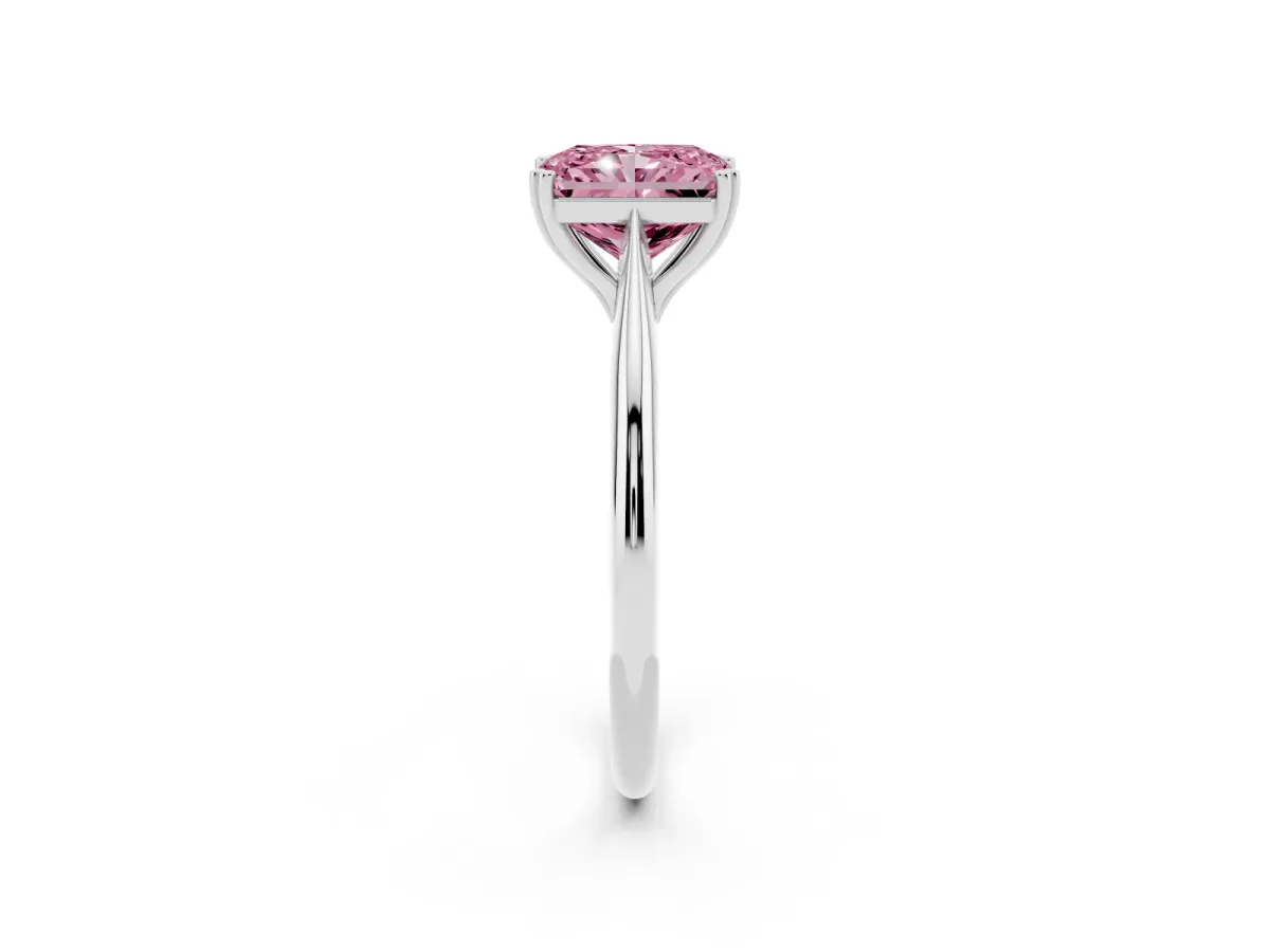 Fancy Pink Radiant Cut Solitaire Diamond Ring with Six-Prong Setting and Classic Band Silver