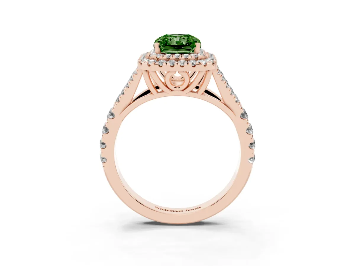 Fancy Green Double Halo Radiant Cut Diamond Split Shank Engagement Ring with Four-Prong Setting Rose gold