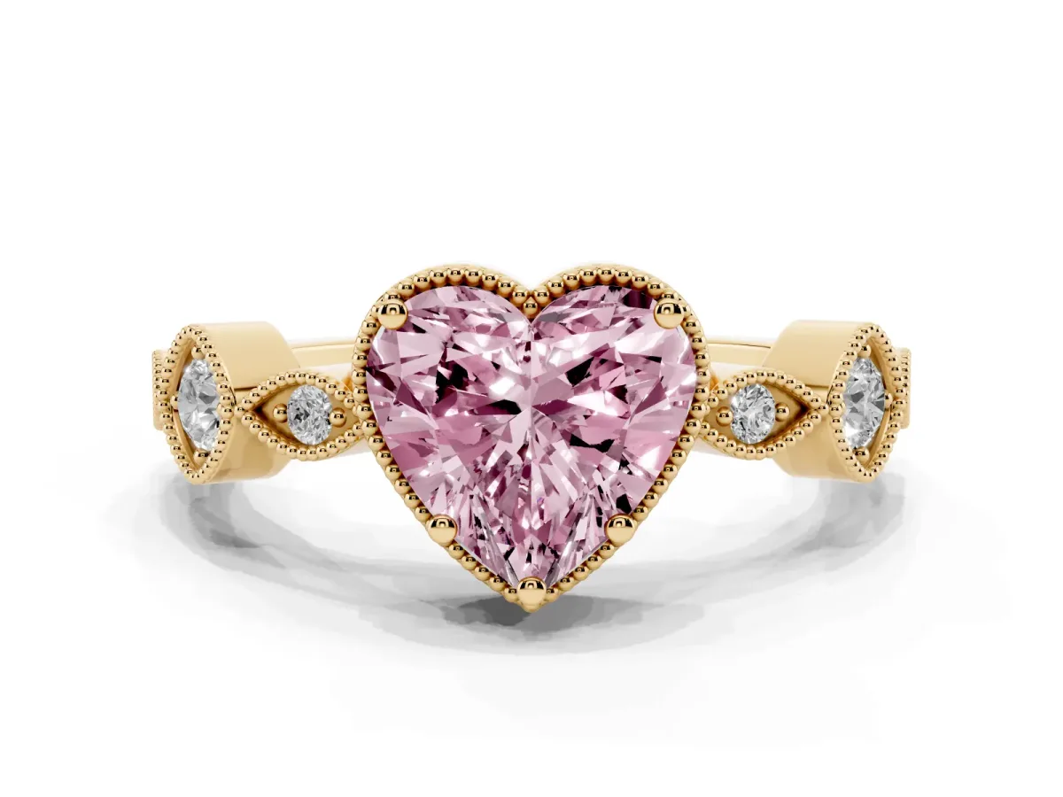 Fancy Pink Heart Cut Diamond Vintage Milgrain Ring with Round Stations Yellow gold