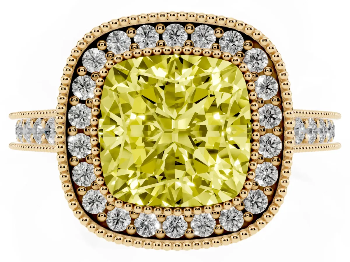 Fancy Yellow Halo Cushion Cut-Cut Diamond Pave Band Milgrain Prong Setting Ring Yellow gold