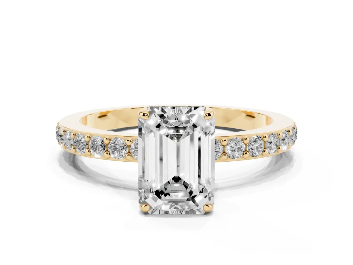 Emerald Cut Diamond Pavé Engagement Ring with Round Accents and Prong Setting Yellow gold