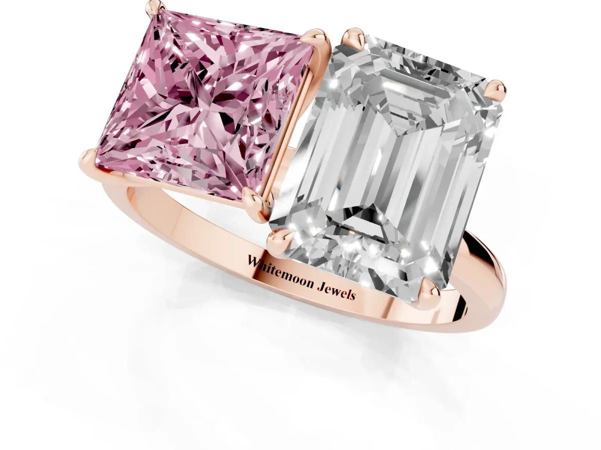 Fancy Pink Princess Cut and Emerald Cut Toi Moi Ring with Prong Setting Rose gold
