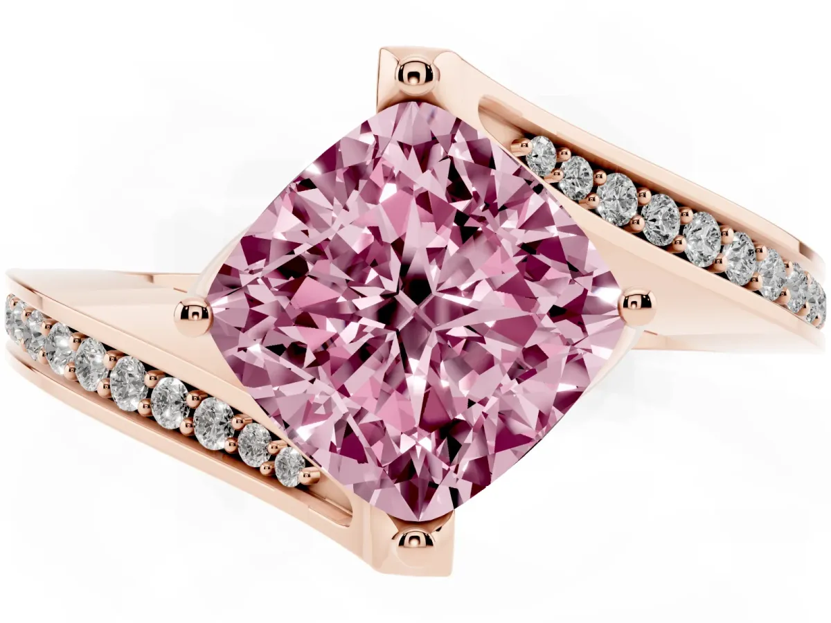 Fancy Pink Cushion Cut Solitaire Diamond Twist Band with Pavé Setting and Four-Prong Setting Rose gold