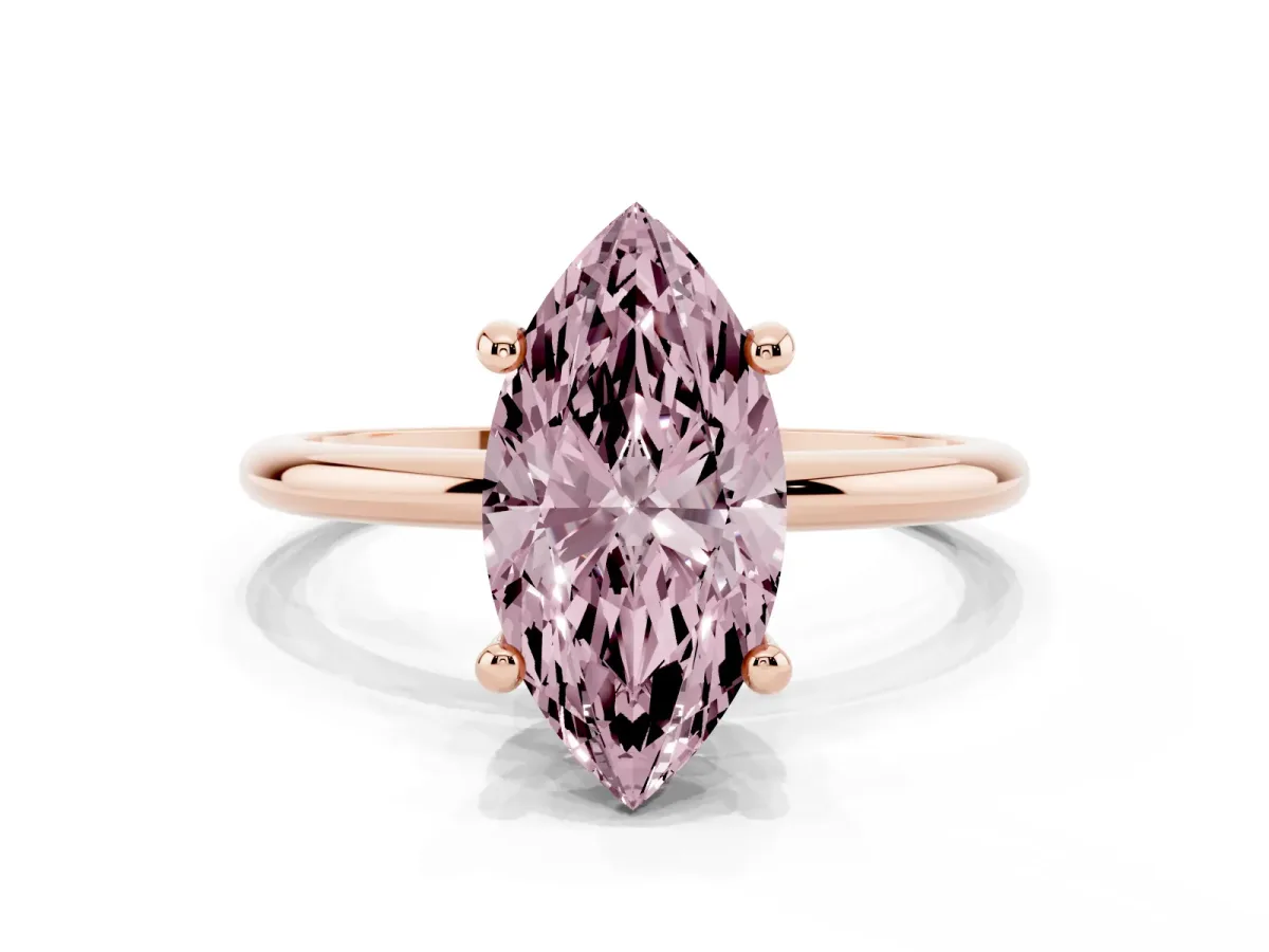 Fancy Pink Marquise Cut Solitaire Diamond Ring with 4-Prong Setting on a Classic Band Rose gold