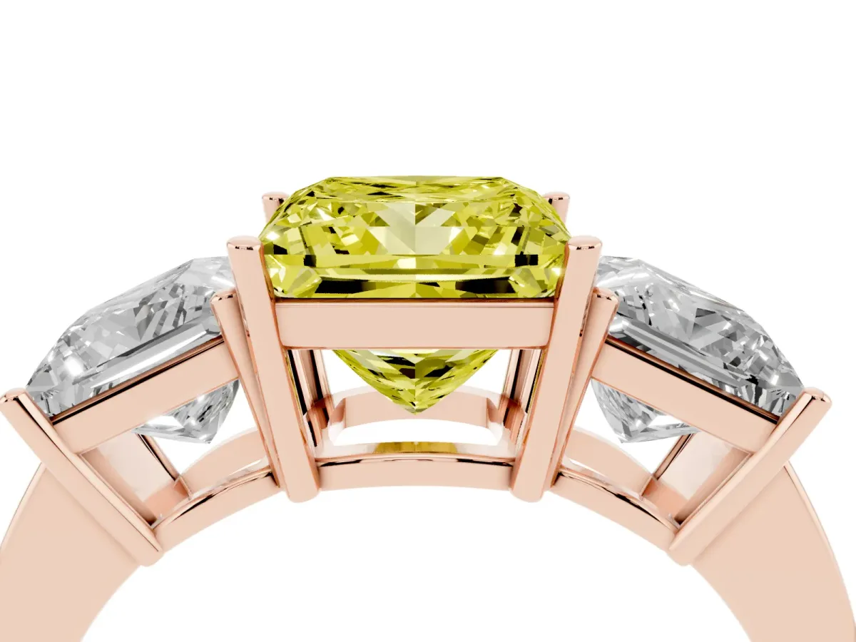 Fancy Yellow Three-Stone Princess Cut Cut Diamond Engagement Ring with Flat Band and Four-Prong Setting Rose gold