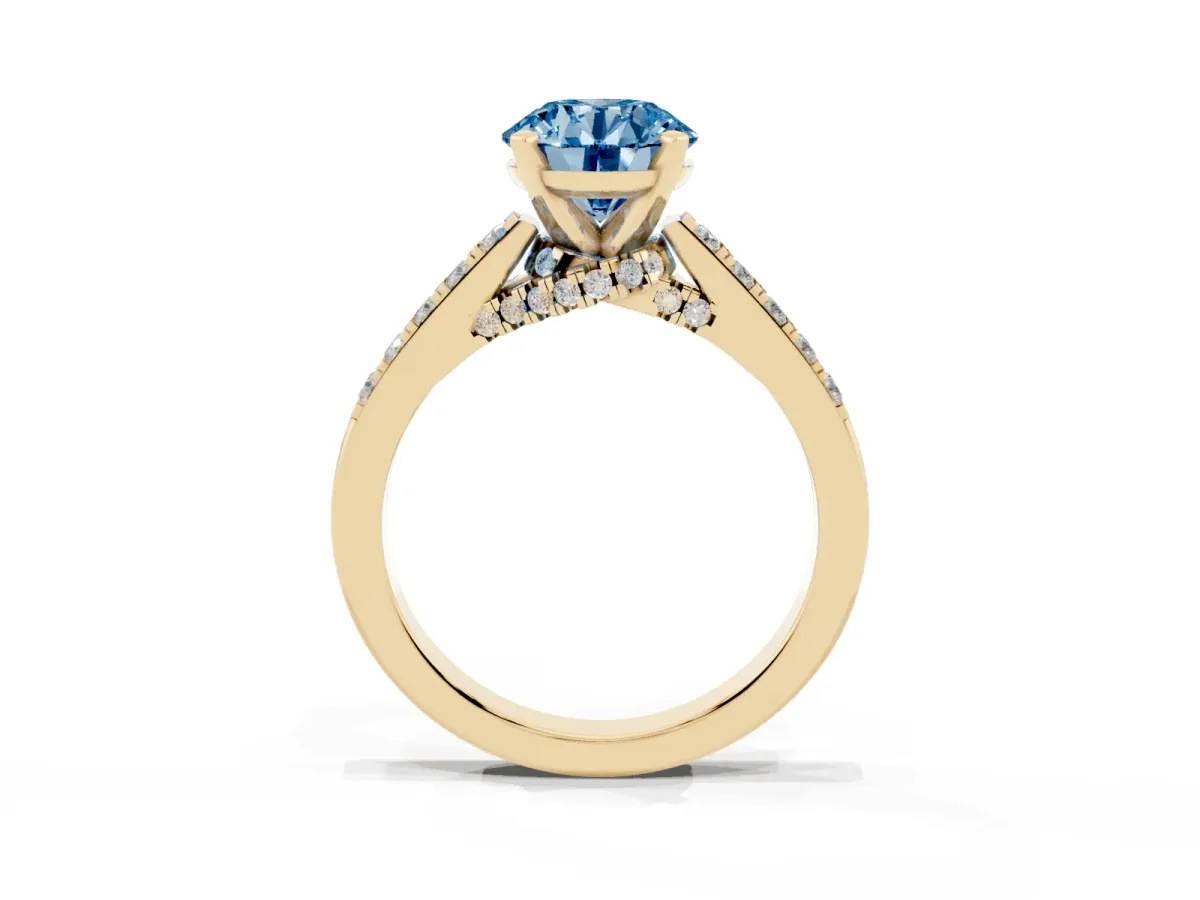 Fancy Blue Round Cut Diamond Solitaire Ring with Crossover Gallery and Round Pavé Band Yellow gold