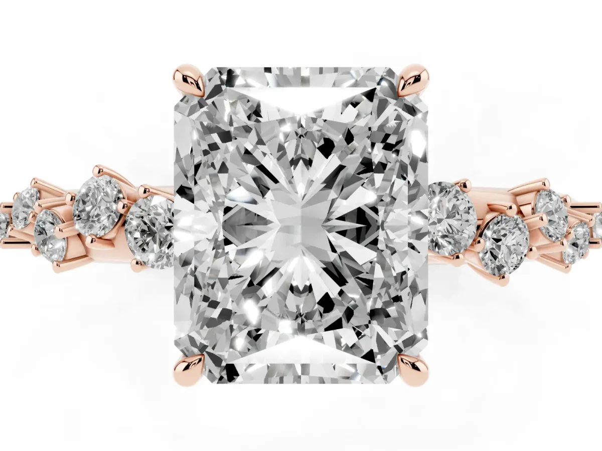 Radiant Cut Diamond Cluster Side Stone Solitaire Ring with Prong Setting Rose gold