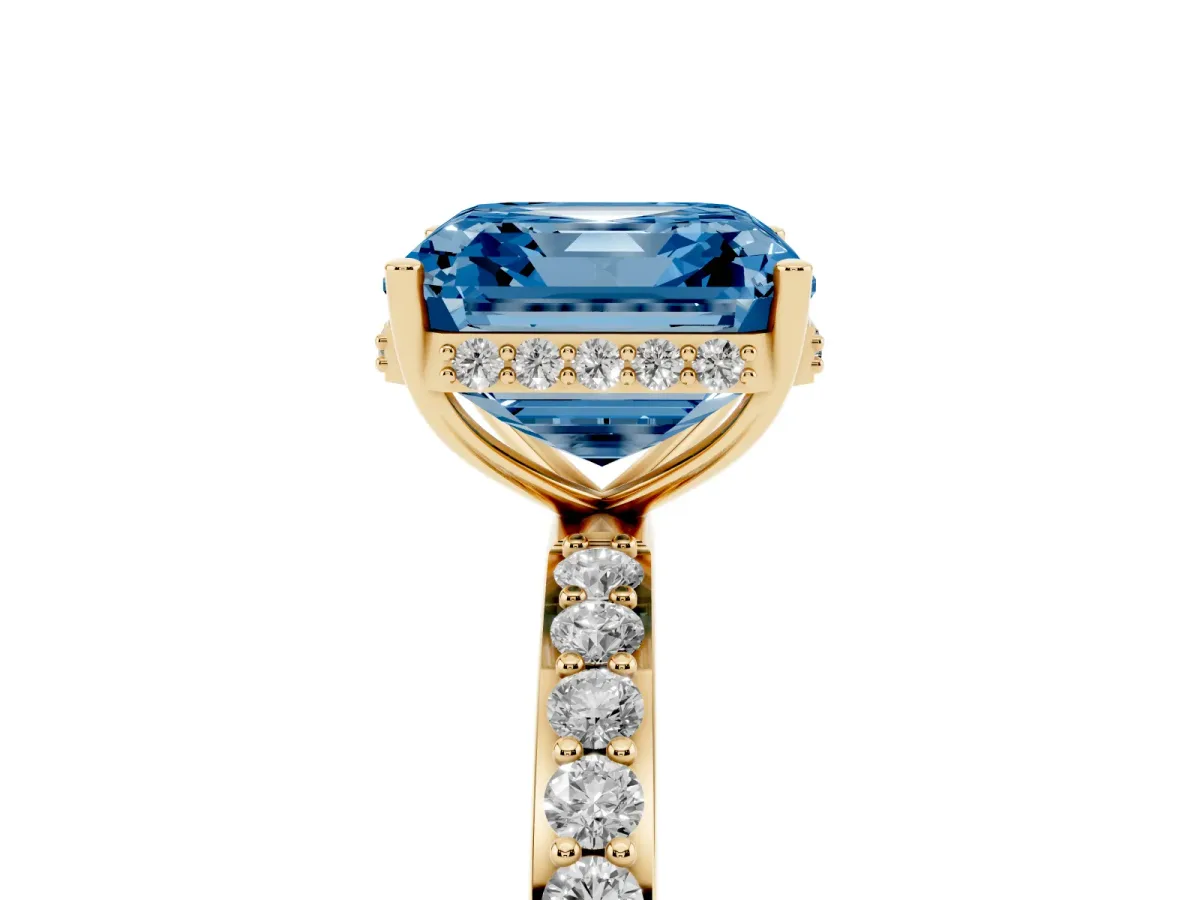 Fancy Blue Asscher Cut Diamond Solitaire Ring with Pavé Band and Hidden Halo Yellow gold