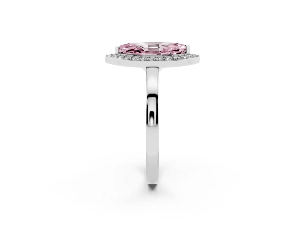 Fancy Pink Marquise Cut Halo Diamond Ring with Solitaire Band and Prong Setting Platinum