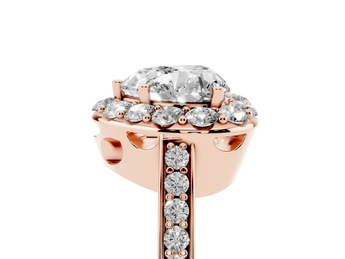 Heart Cut Diamond Floral Halo Ring with Pavé Band and Prong Setting Rose gold