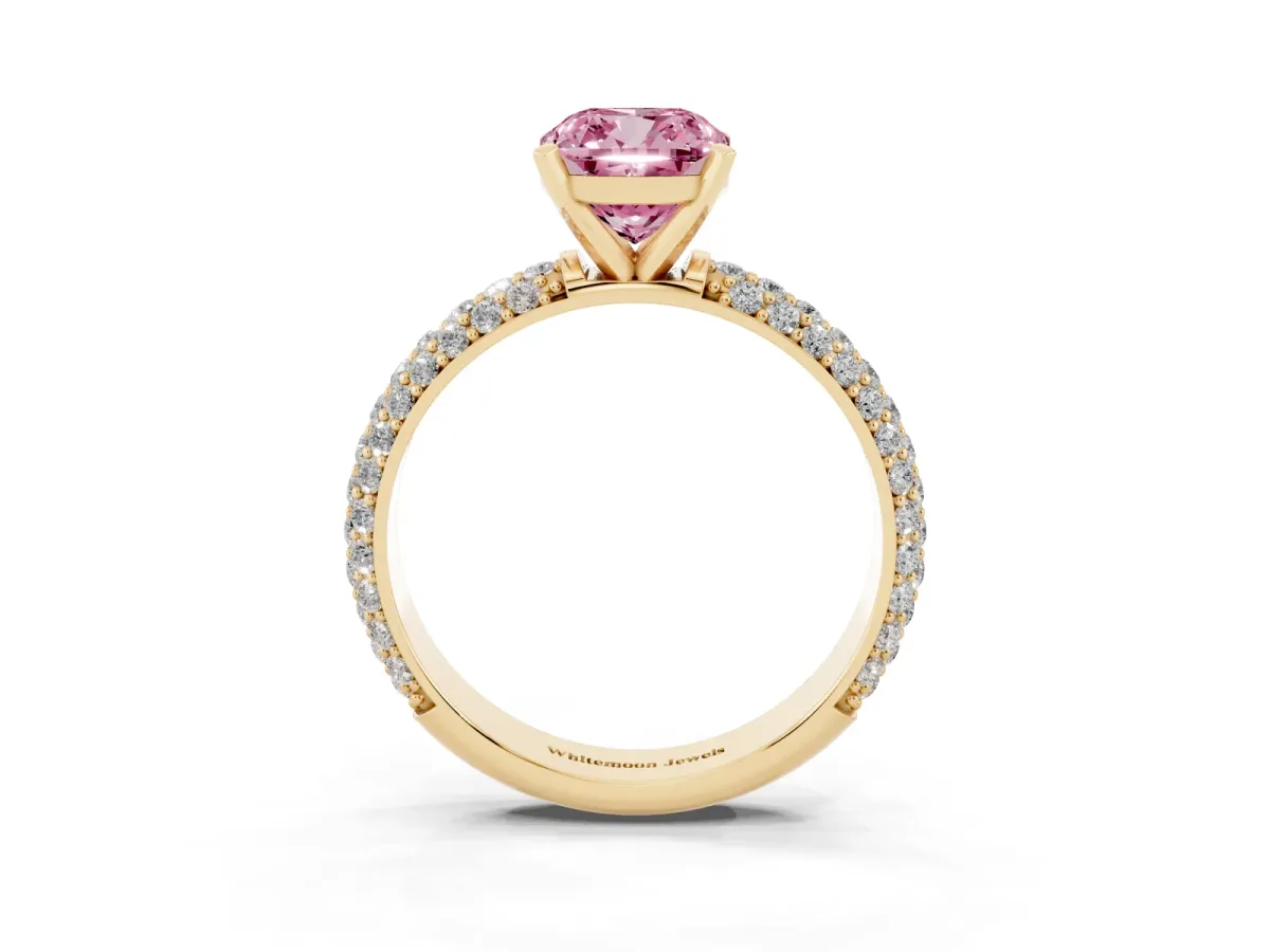 Fancy Pink Cushion Cut Diamond Solitaire Ring with Prong Setting and Pavé Band Yellow gold