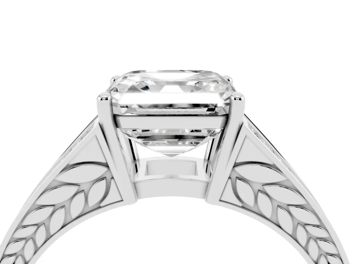 Asscher Cut Diamond Split Shank Ring with Pavé Band and Four-Prong Setting White gold
