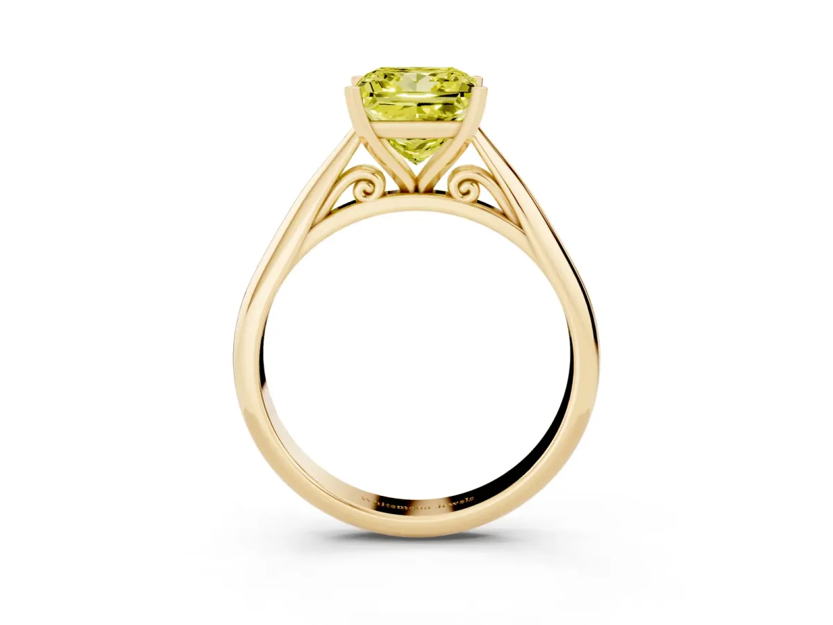 Fancy Yellow Princess Cut Diamond Solitaire Engagement Ring with Cathedral Setting and Four-Prong Mount Yellow gold
