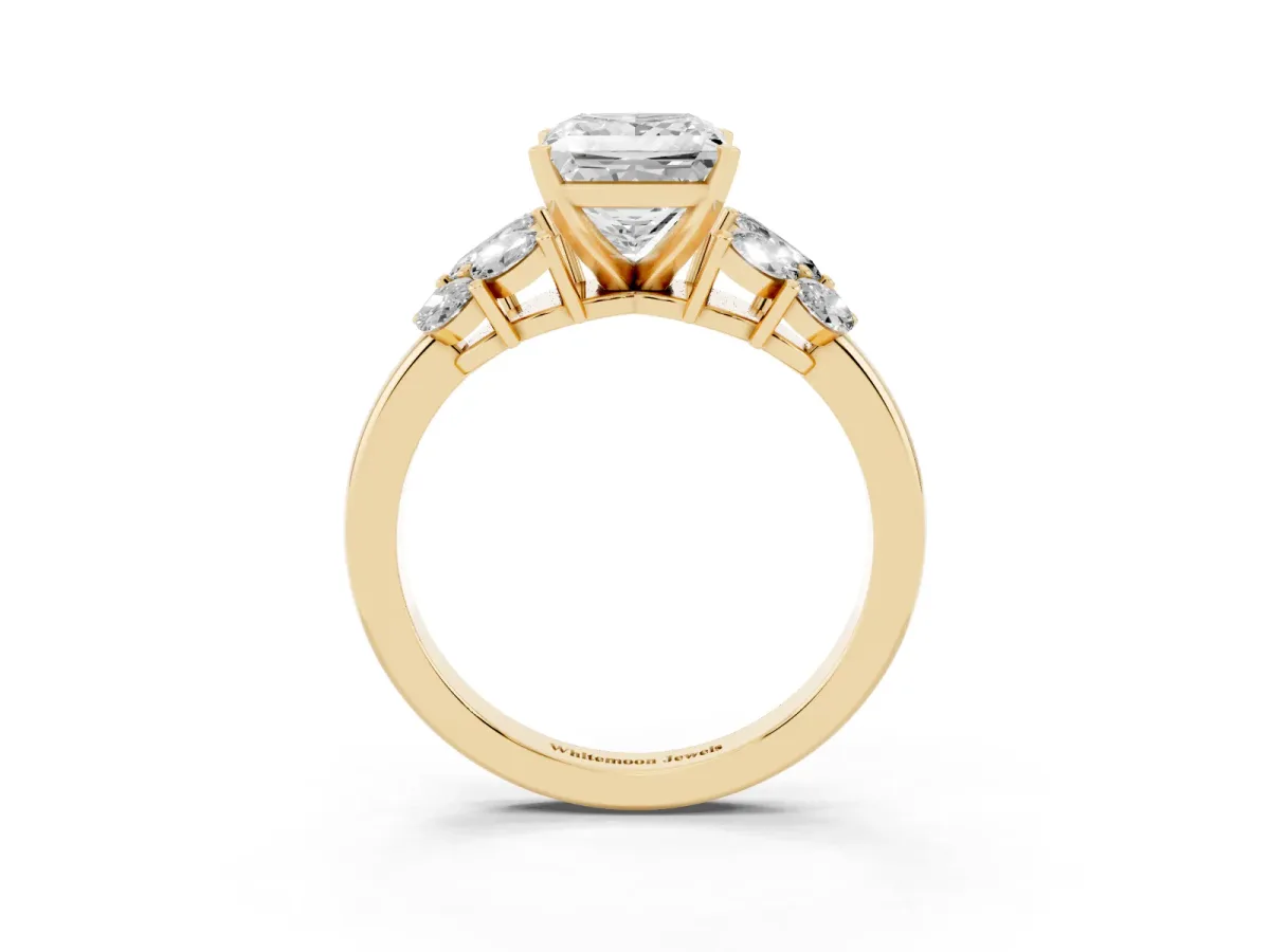 Princess Cut Diamond Cluster Leaf Design Ring with Prong Setting Yellow gold