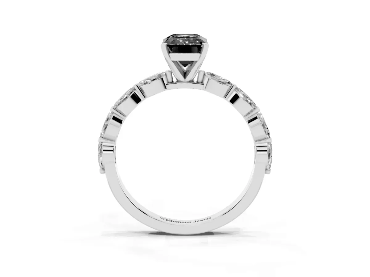 Fancy Black Emerald Cut Diamond Ring with Marquise Side Stones and Prong Setting Platinum