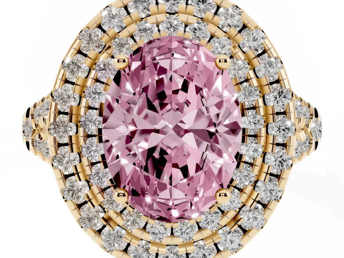 Fancy Pink Double Halo Oval Cut Diamond Pavé Split Shank Ring with Prong Setting Yellow gold