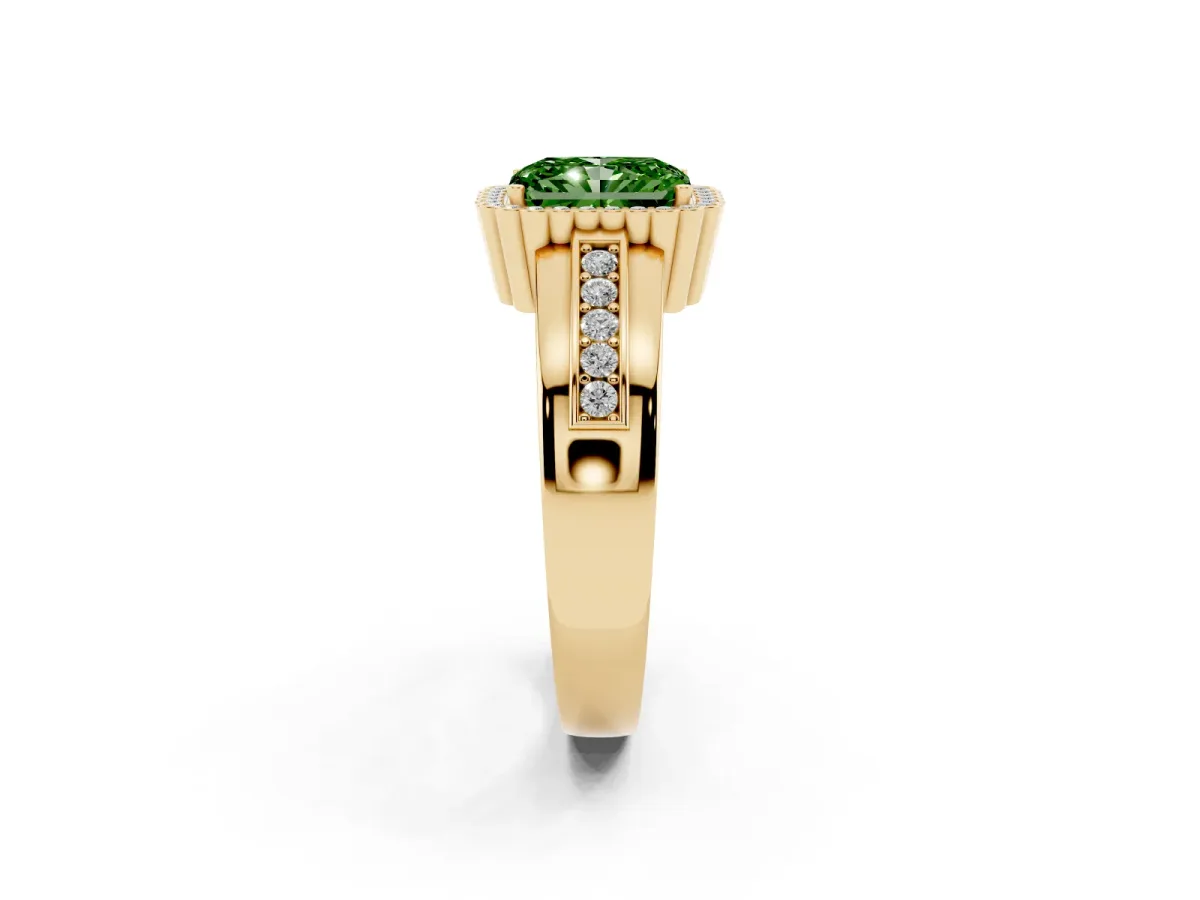 Fancy Green Radiant Cut Cut Halo Pave Band Four-Prong Ring Yellow gold