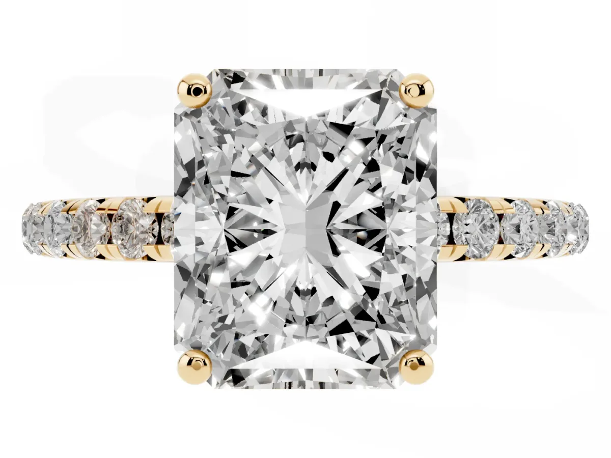Radiant Cut Cut Diamond Solitaire Ring with Micro Pave Band and Four Prong Setting Yellow gold