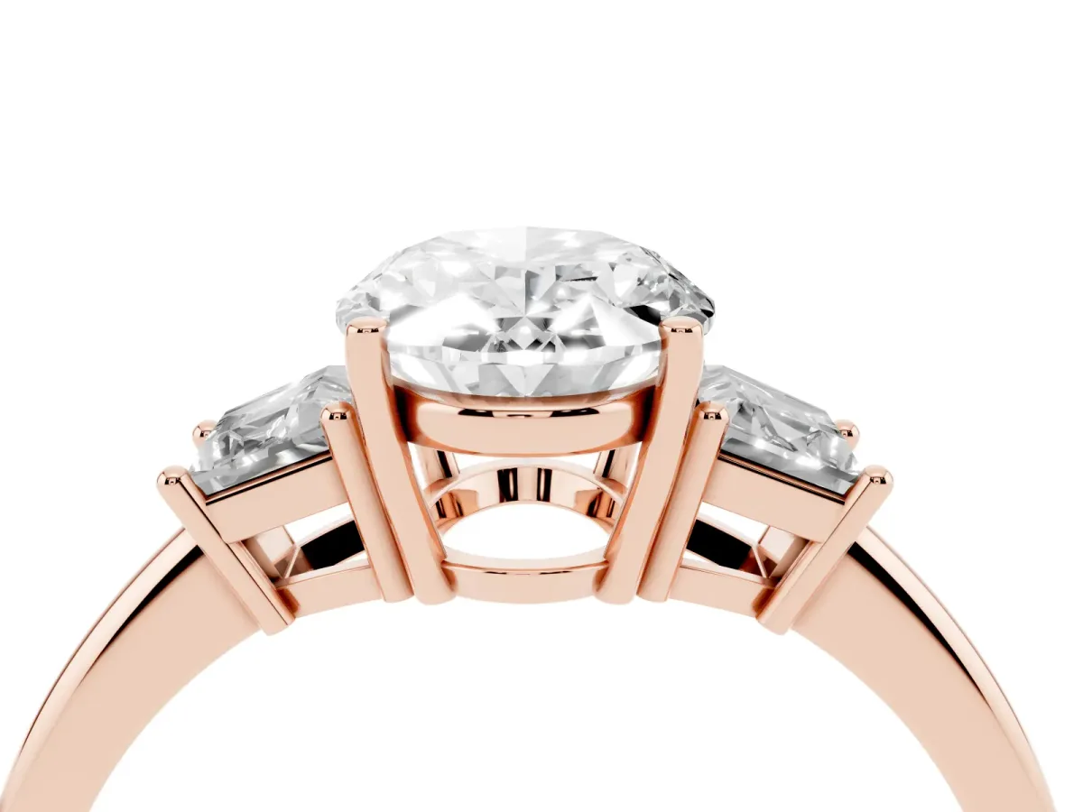 Oval Cut Diamond Three-Stone Ring with Trapezoid Side Stones and Prong Setting Rose gold