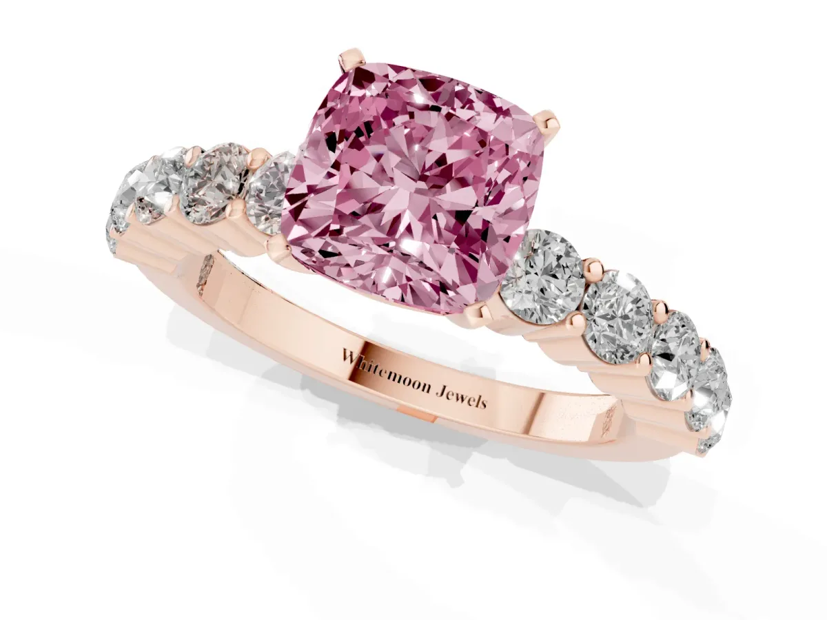 Fancy Pink Cushion Cut Diamond Solitaire Ring with Shared Prong Round Side Stones Rose gold