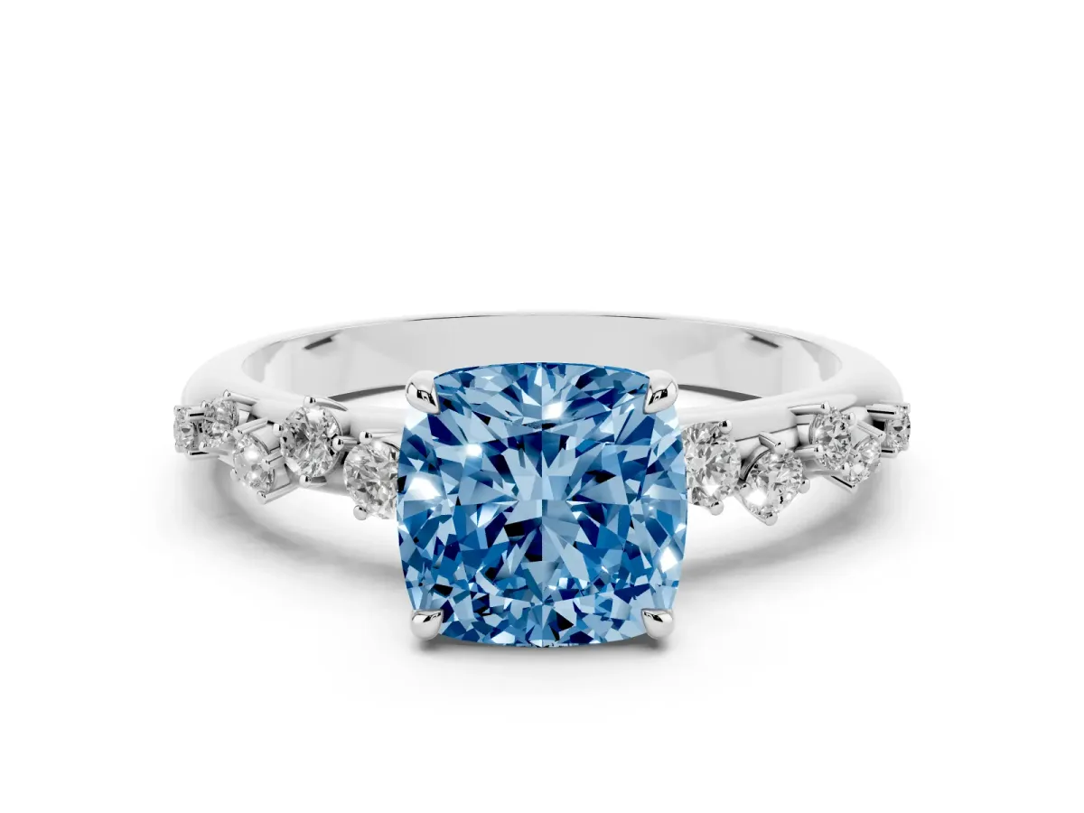 Fancy Blue Cushion Cut Diamond Cluster Prong-Set Solitaire Ring Platinum