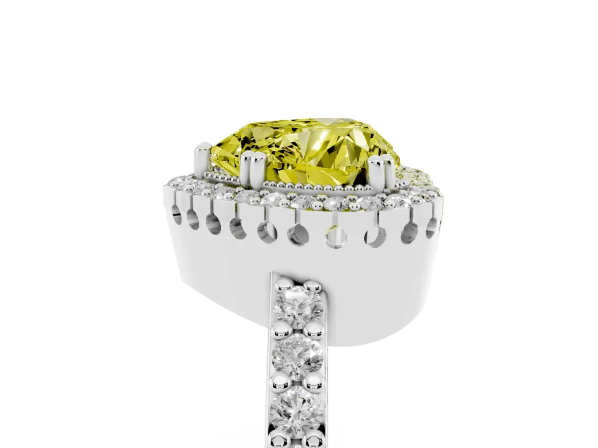 Fancy Yellow Heart Cut Cut Diamond Halo Engagement Ring with Milgrain Detail and Pavé Band Silver
