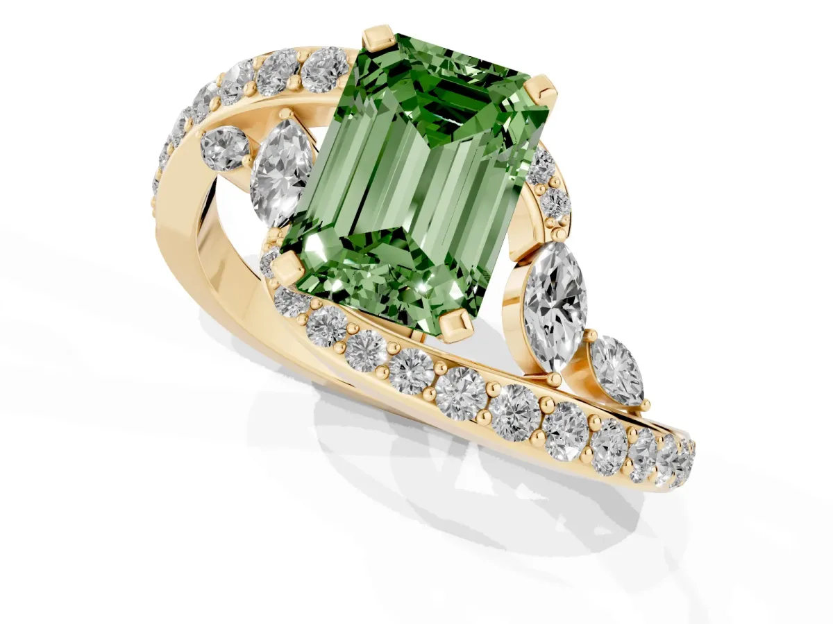 Fancy Green Emerald Cut Solitaire with Pavé Twist Band and Four-Prong Setting Yellow gold