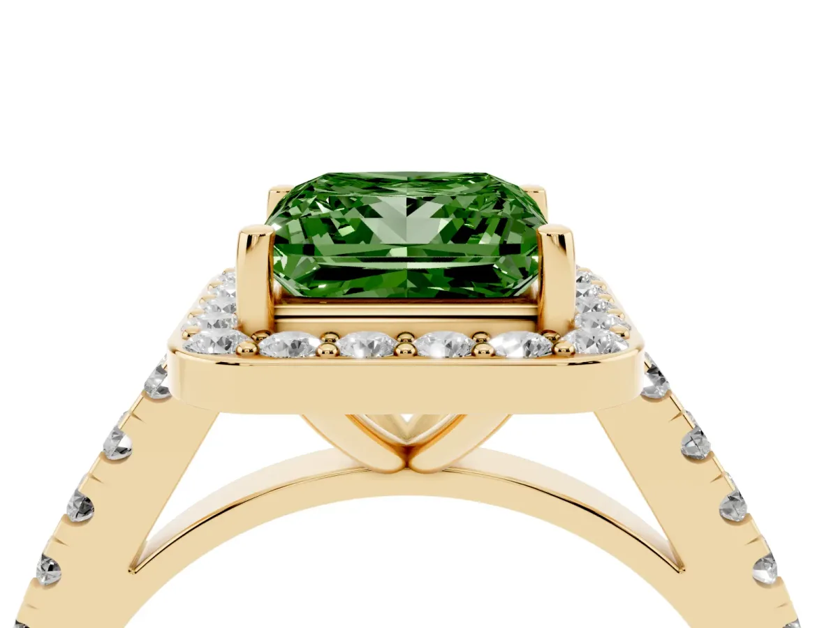 Fancy Green Princess Cut Diamond Halo Ring with Round Pavé Split Shank and Prong Setting Yellow gold