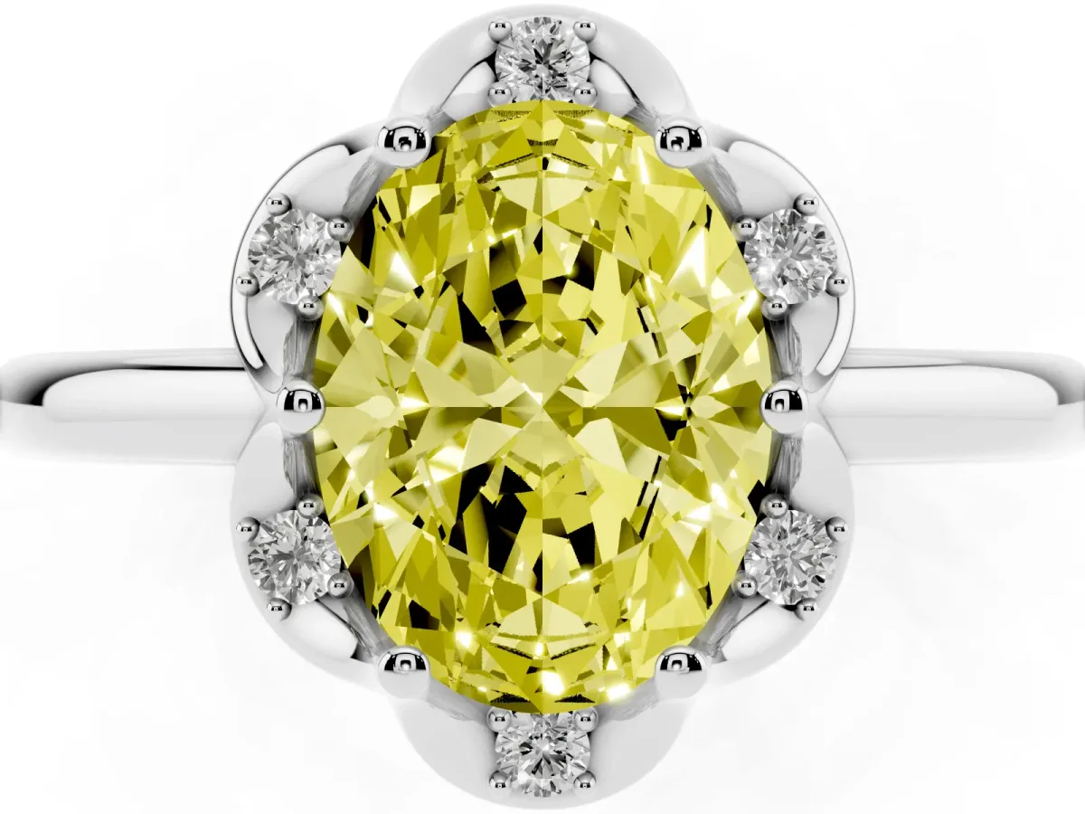 Fancy Yellow Oval Cut Halo Diamond Ring with Round Cluster Setting, Solitaire Band, and Four-Prong Setting Platinum